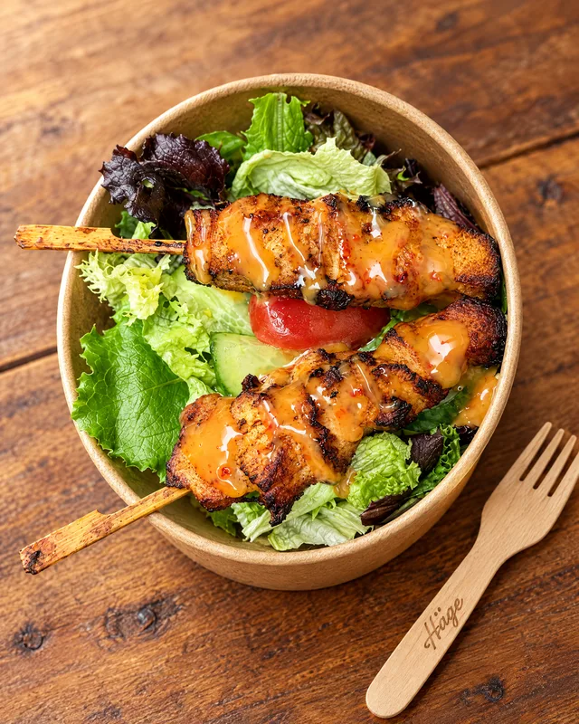 Gegrillte Chickenfilet-Spieße mit Sweet-Chilli-Sauce auf frischer Salatbowl in der Häge-Schale