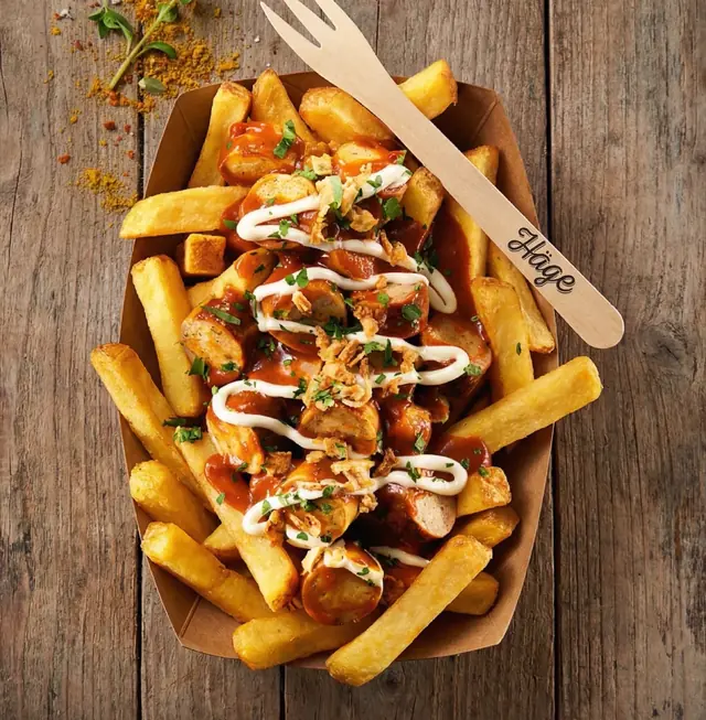 Currywurst-Fritten mit Soße und Mayo in der Schale, Häge-Holzgabel