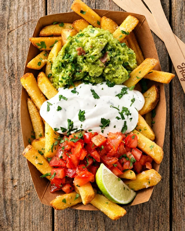 Knusprige Fritten mit Guacamole, Sour Cream, Tomaten und Limette