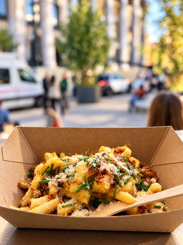 Loaded Fries mit Parmesan und Schnittlauch in der Pappschale