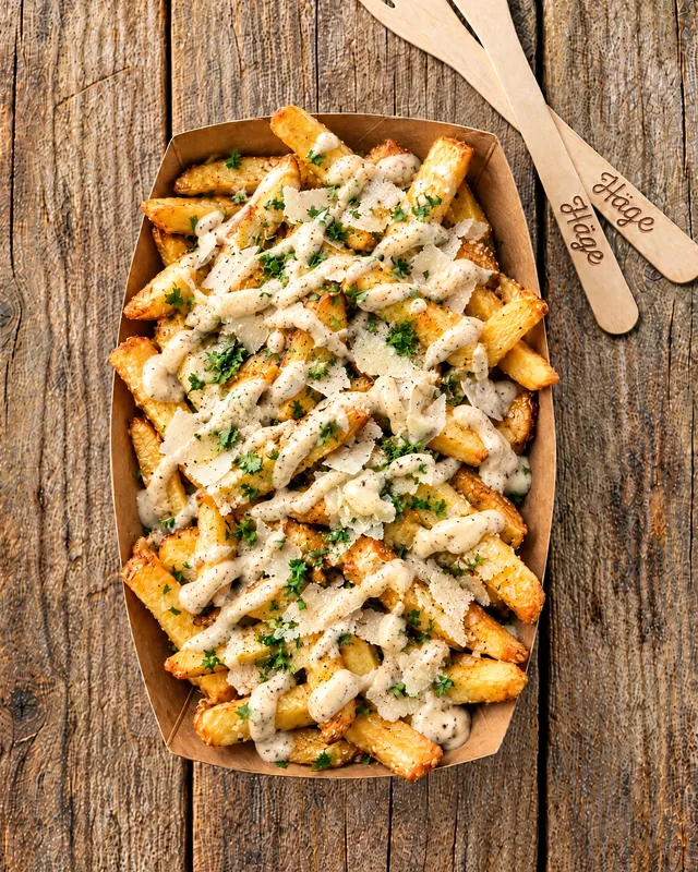 Knusprige Fritten mit Trüffelmayo und Parmesan in der Pappschale mit Häge-Holzgabel