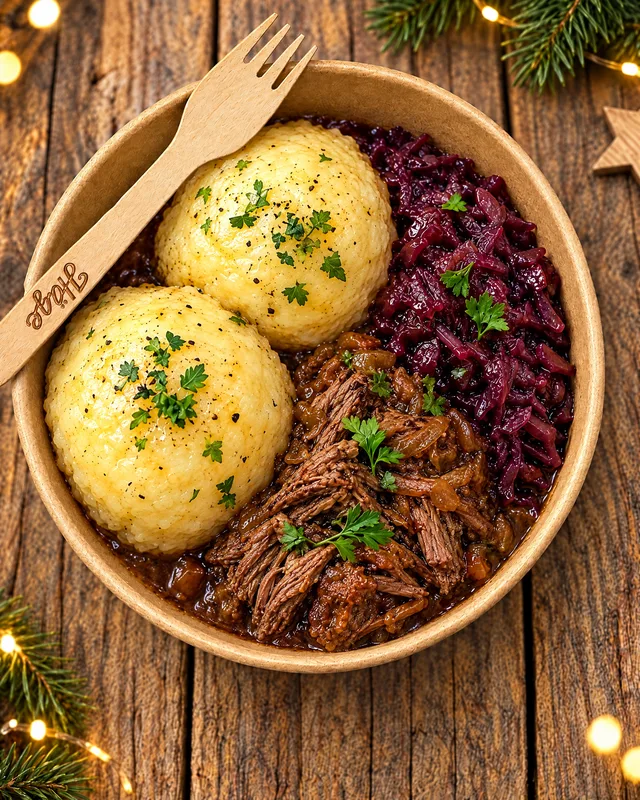 Gezupfte Allgäuer Rinderroulade mit Kartoffelknödel und Blaukraut in der braunen Häge-Menüschale mit Holzgabel, von oben